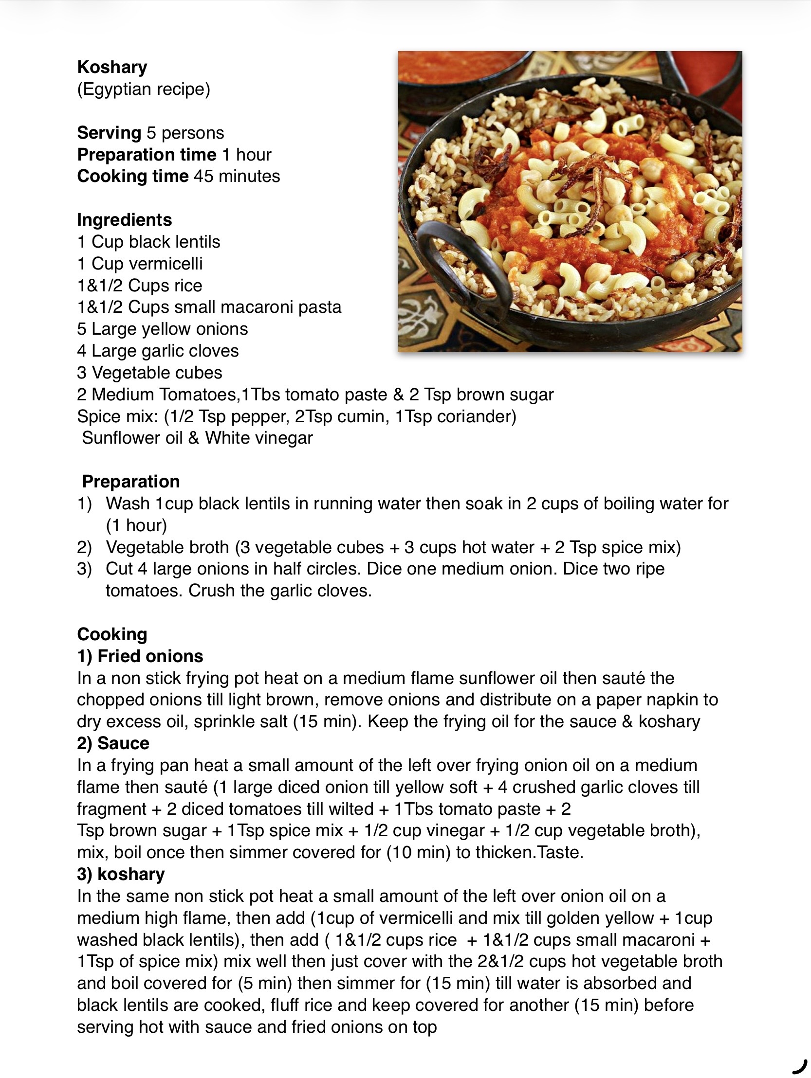 Recipe for Koshary - Dr. Cook
